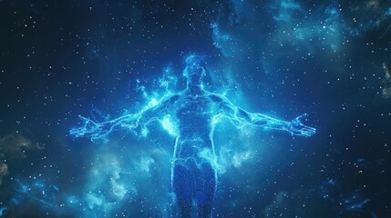 Silhouette of a man in the rays of a shining aura around his body against the backdrop of outer space with stars. The theme of awakening energy and discovering magical abilities.