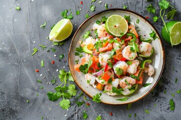 Wall Mural - Close up top view of traditional ceviche with veggies and lime on a plate