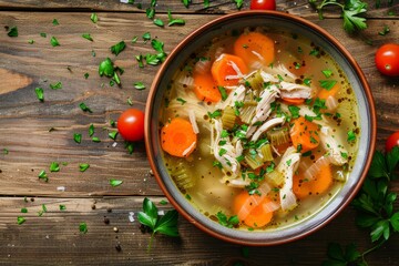 Poster - Close up view of homemade chicken vegetable soup on old wood background