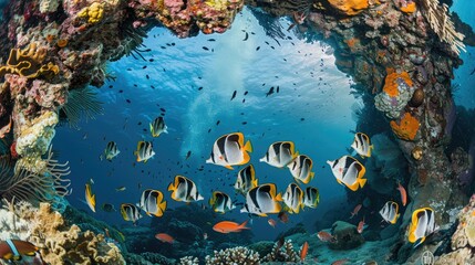 Wall Mural - Observing a school of shimmering angelfish as they dance around a coral archway 