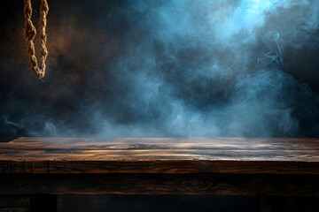 Wall Mural - empty wooden table with Faint smoke float up on dark background and rope 2