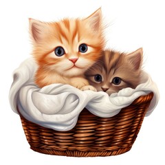 Wall Mural - Two Kittens Sitting in a Basket. On White Background.