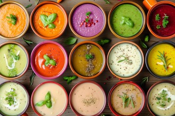 Wall Mural - Colorful vegetable cream soups in small pots from above Healthy eating or vegetarian concept