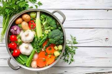 Wall Mural - Colorful vegetable spring soup in a pot rustic kitchen view from above with white wooden background and space for text