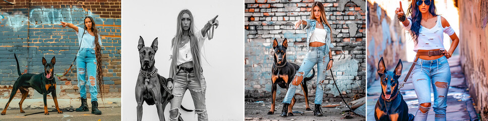 Wall Mural - She exudes a fierce and rebellious attitude. The Doberman adds an edgy and intimidating personality to her. Her appearance challenges traditional stereotypes of femininity and beauty.