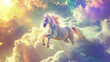 Unicorn rides on clouds in the sky.