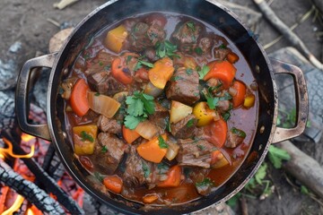 Wall Mural - Cook goulash with tomatoes beef onions garlic celeriac and carrots over fire for four hours