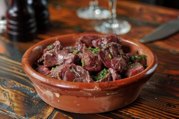 Poster - Cooked beef in burgundy sauce in a clay bowl on a wooden table close up