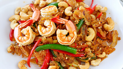 Wall Mural - Stir fried crispy shrimp with cashew nuts and sweet pepper. Generative Ai