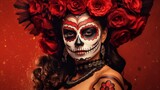 Fototapeta  - Mysterious Woman with Dia de los Muertos Makeup, Red Roses on Red Background with Copy Space