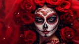 Fototapeta  - Intriguing Woman with Sugar Skull Makeup, Vivid Red Roses, Celebratory Day of the Dead Theme