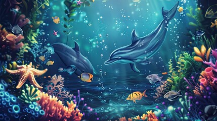 realistic deep of the sea adventure picture with friendly different colors of fishes, dolphins, octopuses, starfish, seaweed 