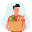 delivery man holding food delivery box vector illustration
