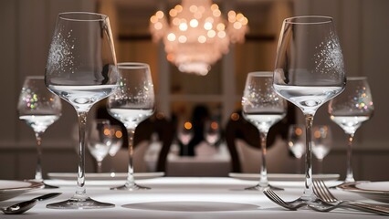 Wall Mural - Glasses placed on restaurant table and sparkling bokeh background fine dining concept