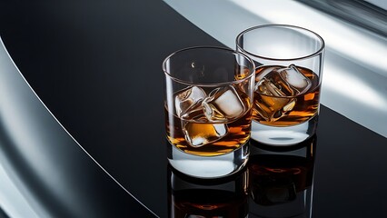 Drinks and beverages conception two glasses of whisky with ice cubes on reflective black surface