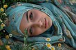 A Berber freshman lies utterly at peace amid the campus blossoms and greenery, her hijab catching the refracted shades of turquoise and azure