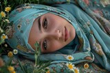 Fototapeta  - A Berber freshman lies utterly at peace amid the campus blossoms and greenery, her hijab catching the refracted shades of turquoise and azure