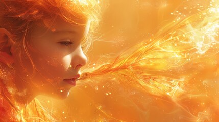 Sticker -   A child's face, tightly focused, holds a feather delicately between parted lips against a vibrant yellow backdrop