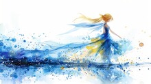  Woman In Blue Dress Wades Through Water Wind Sweeps Up Her Blowing Hair