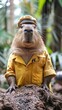 Capybara in a zookeeper uniform with exotic animals