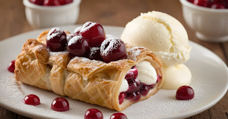 cherry strudel served with vanilla ice cream