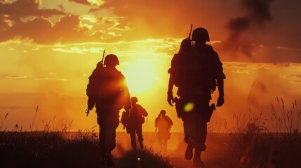 Wall Mural - silhouette of soldiers in the sunset. on the battlefield ground war.