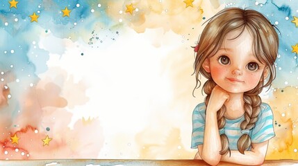 Sticker -  A young girl sits at a table, gazing thoughtfully at the camera, hand resting on chin