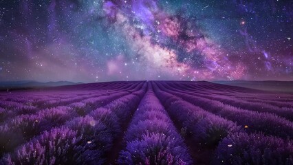 Wall Mural - amazing nature scene with lavender flower blooming fields in endless rows under the milky way. seaml