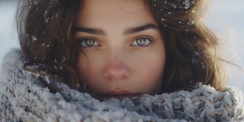 Canvas Print - Woman with long brown hair and green eyes is wearing scarf