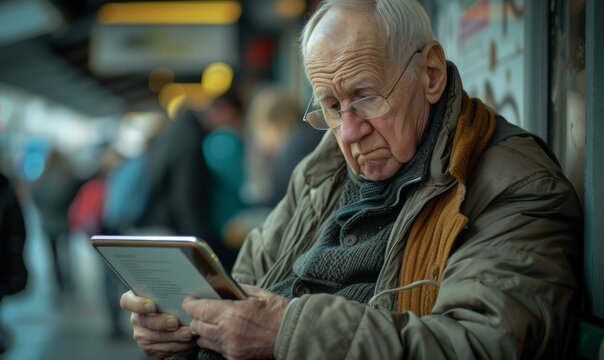 An elderly man is looking at a tablet. Generative AI.