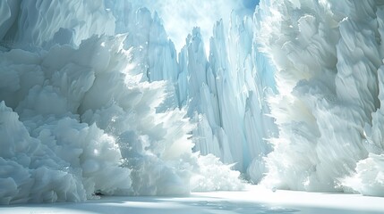 Wall Mural -   A snow-covered field hosts an assemblage of ice formations against a backdrop of a brilliant blue sky