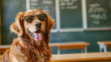 Wall Mural - A smart dog wearing sunglasses sitting in front of a classroom. Generative AI.