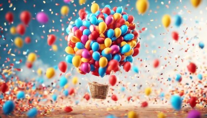 Wall Mural - 'confetti backdrop. background illustration realistic 3d air super balloons festive photo birthday celebration balloon three-dimensional holiday party food swee'