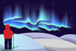 Aurora borealis. Scenic landscape. Person looking at northern sky phenomenon. Nature admire. Man on ski. Winter skiing. Travel adventure. Dark night with polar lights. Vector illustration