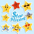 Star emoji. Starry sticker. Space character. Sad or happy faces. Romantic heart. Laughing smiley. Cheerful and angry emoticons. Cute twinkles. Emotion expression. Vector cartoon banner