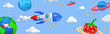 3D rocket. Cute space. Spaceship flight. Startup launch. Sky render shapes. Spacecraft speed flying. Stars or planets. Futuristic media. Earth satellite orbit. Vector cartoon background