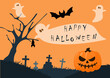 Happy Halloween poster. October holiday. Cartoon ghosts or scary pumpkin. Spooky night cemetery landscape. Flying bats. Bare trees and gravestones. Vector festival invitation background