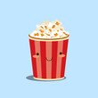 Popcorn character. Pop corn basket. Cinema snack. Red striped box. Happy smiling face. Takeaway cinematography fast food. Cartoon emoji. Unhealthy eating. Vector cheerful meal mascot