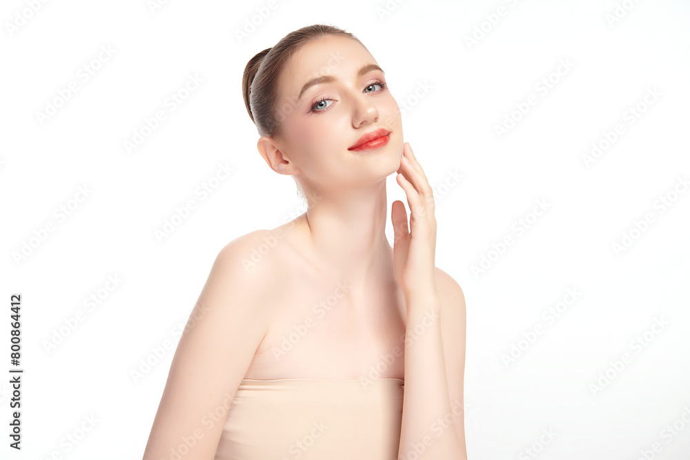 Beautiful young woman with clean fresh skin on white background, Face ...