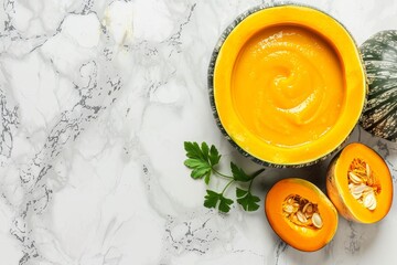Wall Mural - Creamy pumpkin soup on marble surface top view