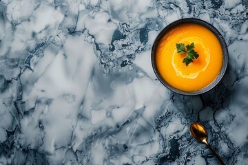 Wall Mural - Creamy pumpkin soup on marble background with copy space top view