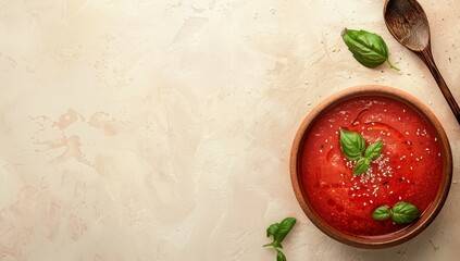 Wall Mural - Creamy red soup with sesame and basil in ladle top view on light background