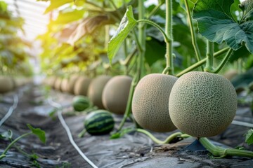 Wall Mural - Cultivating organic melons in a greenhouse farm Agricultural production of fresh fruits