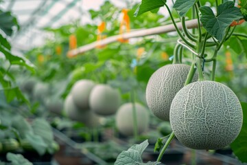 Canvas Print - Fresh cantaloupe plants growing in supported greenhouse