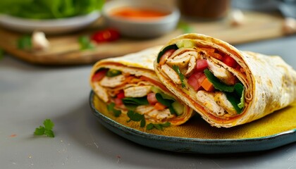 Wall Mural - Fresh chicken and vegetable wrap sandwiches on a trendy colored plate