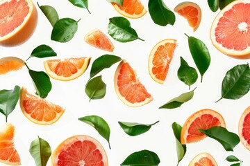 Wall Mural - Fresh grapefruits and green leaves falling on a white background