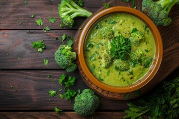 Wall Mural - Fresh hot broccoli puree soup with broccoli pieces and parsley in bowl Top view on wooden table Healthy lifestyle