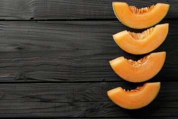 Wall Mural - Fresh melon slices on black background with space for text Top view