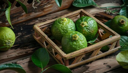 Wall Mural - Fresh organic Bergamot displayed on a wooden table and bamboo tray amidst green leaves