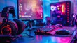 © brook - Close up of professional gaming setup on desktop in neon RGB colour Ai generated